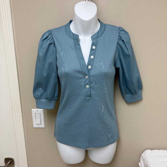 NEW! Veronica Beard Coralee Puff Sleeve Top Sea Glass Blue Size XS - $198 - Picture 3 of 14